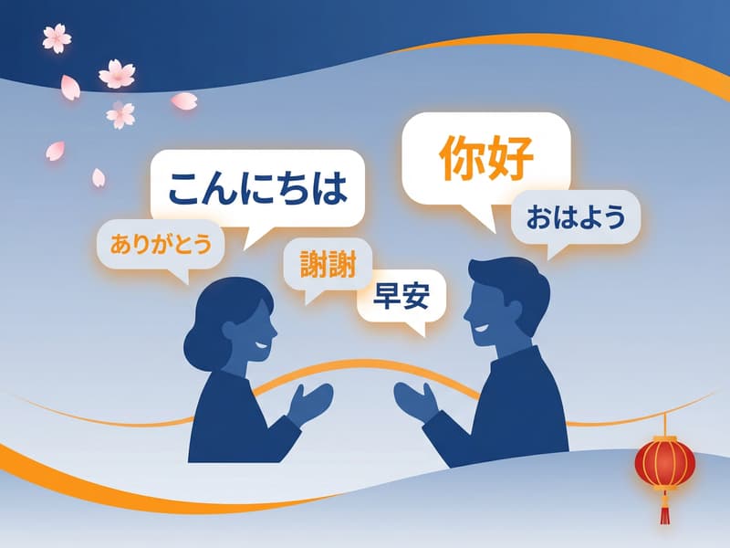 兩位人物以剪影方式面對面交談的插圖。畫面中出現多個對話框,包含日語與中文問候語「こんにちは」「ありがとう」「おはよう」「你好」「謝謝」「早安」,象徵日語會話學習與跨語言溝通。背景為藍色漸層設計,搭配櫻花花瓣與紅色燈籠元素,營造溫和且具日本文化氛圍的學習場景。