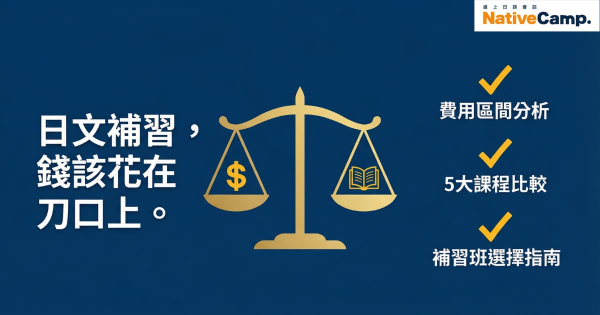 圖片顯示了一個平衡秤，左邊放著一個金錢符號，右邊放著一本書。圖片的背景是藍色，並且左側有文字『日文補習，錢該花在刀口上』，右側有三個勾選項目，分別為『費用區間分析』、『5大課程比較』和『補習班選擇指南』。右上角有Native Camp的標誌。