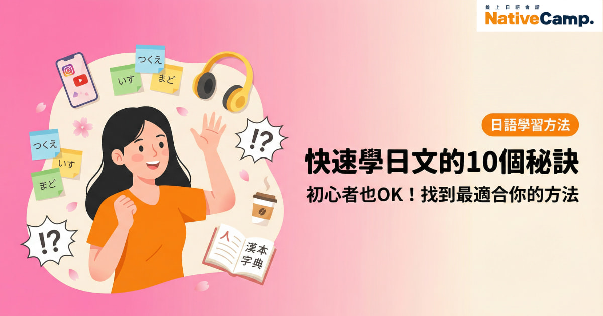 一名年輕女子周圍環繞著各種日語學習方法的圖標，例如手機、耳機和便條紙。圖片標題寫著「快速學日文的10個秘訣」。
