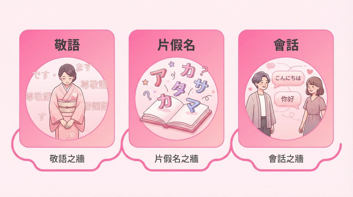 粉色插畫圖，呈現日語學習常見的三道「關卡」。左側為「敬語之牆」，描繪身穿和服、低頭行禮的女性；中間為「片假名之牆」，以打開的書本與片假名字母象徵學習困難；右側為「會話之牆」，描繪一男一女進行日中對話，對話框中寫有「こんにちは」與「你好」。