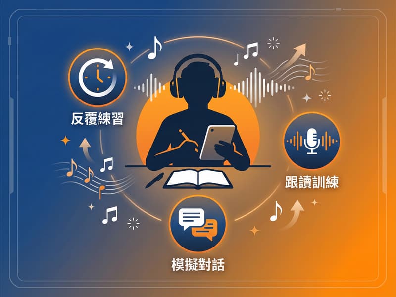 一名配戴耳機的人物剪影坐在桌前,手持平板進行學習,桌上放著筆記本。畫面周圍以圖示呈現多種學習方式,包括「反覆練習」、「跟讀訓練」與「模擬對話」,並搭配音符、聲波與麥克風圖樣,象徵透過聽力、發音與對話練習來提升日語會話能力。整體以藍橘色漸層設計,營造專注且具科技感的語言學習氛圍。