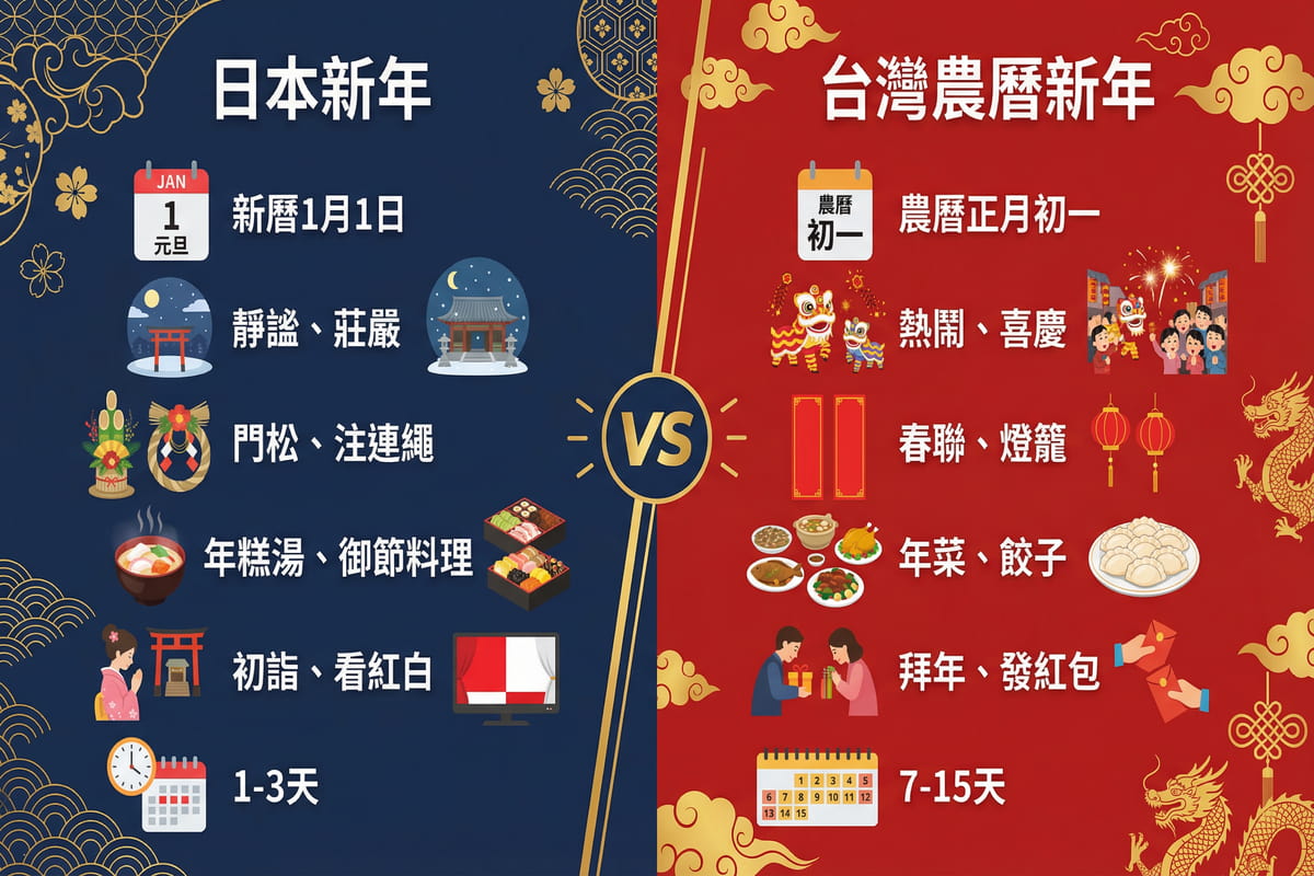 日本新年與台灣農曆新年文化差異比較表:暦法、氣氛、裝飾、食物、活動、期間的對比