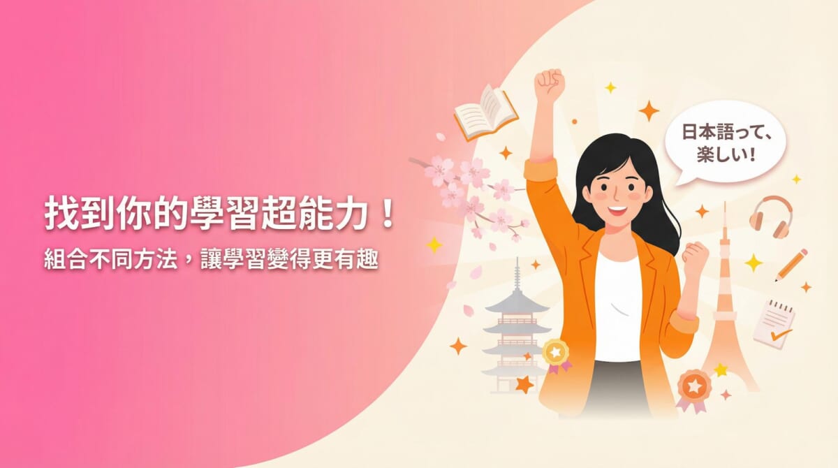 一名充滿自信的年輕女子舉起手臂慶祝日語學習的成功，背景是日本的風景。她開心地說「日本語って、楽しい！」。圖片標題寫著「找到你的學習超能力！」。