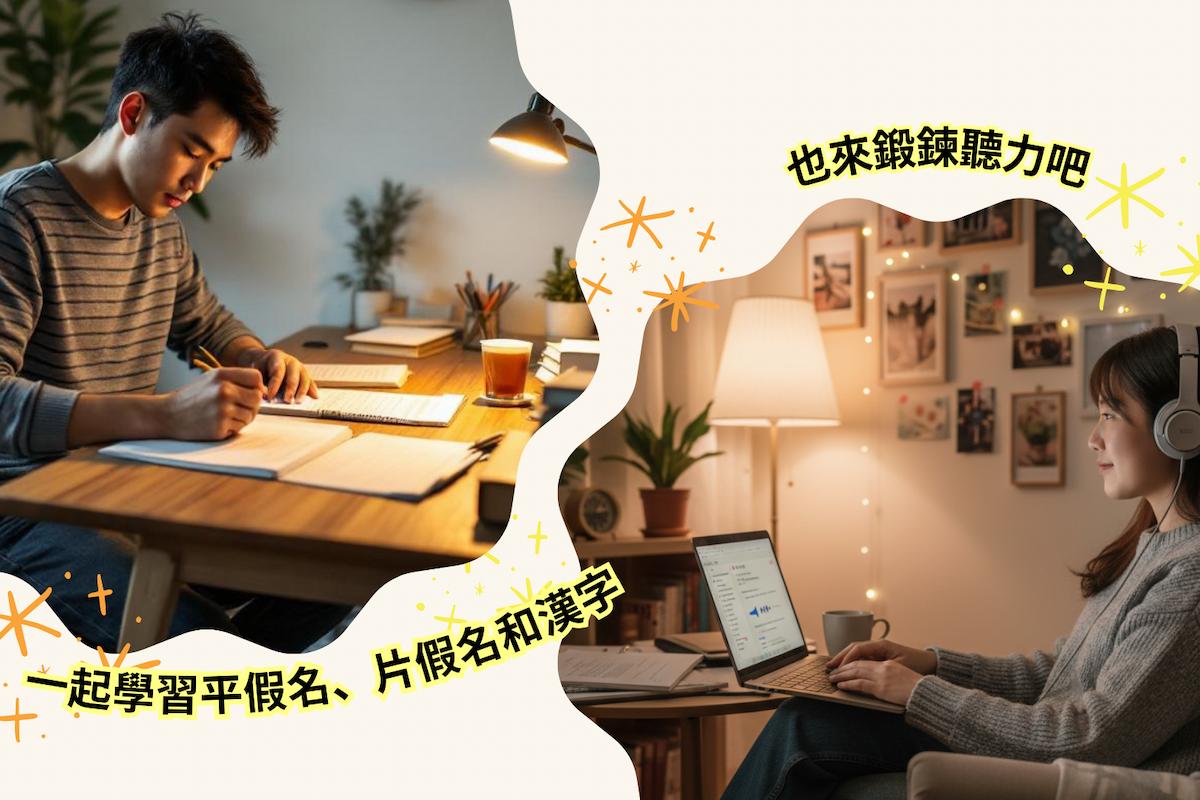 左側為一名男性在書桌前專心書寫學習平假名與片假名，右側為一名女性配戴耳機使用筆記型電腦進行聽力練習，畫面上方以日文標示「也來鍛鍊聽力吧」、「一起學習平假名、片假名和漢字」，呈現居家環境中的日語學習情境。