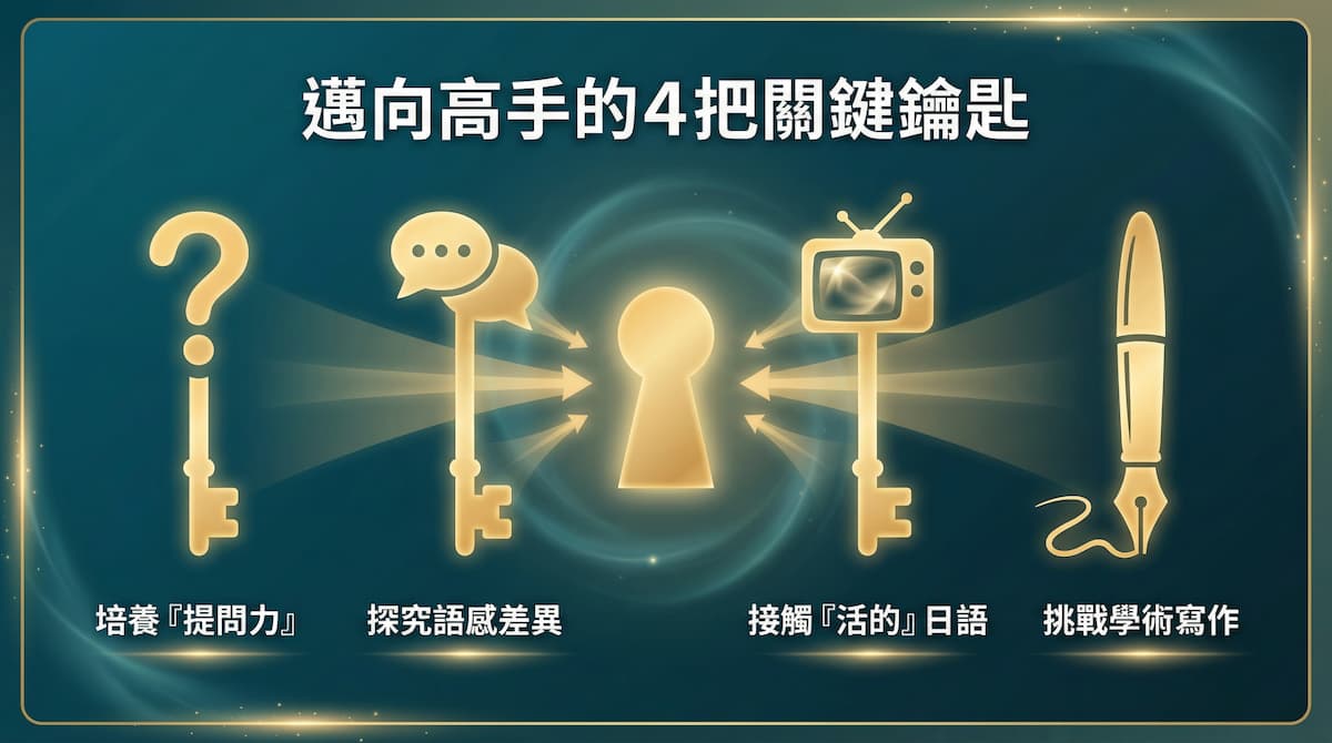 一張標題為「邁向高手的4把關鍵鑰匙」的資訊圖。中央有一個發光的鑰匙孔，周圍有四把分別代表「培養提問力」、「探究語感差異」、「接觸活的日語」和「挑戰學術寫作」的鑰匙，象徵著通往日文高手的四個學習方法。