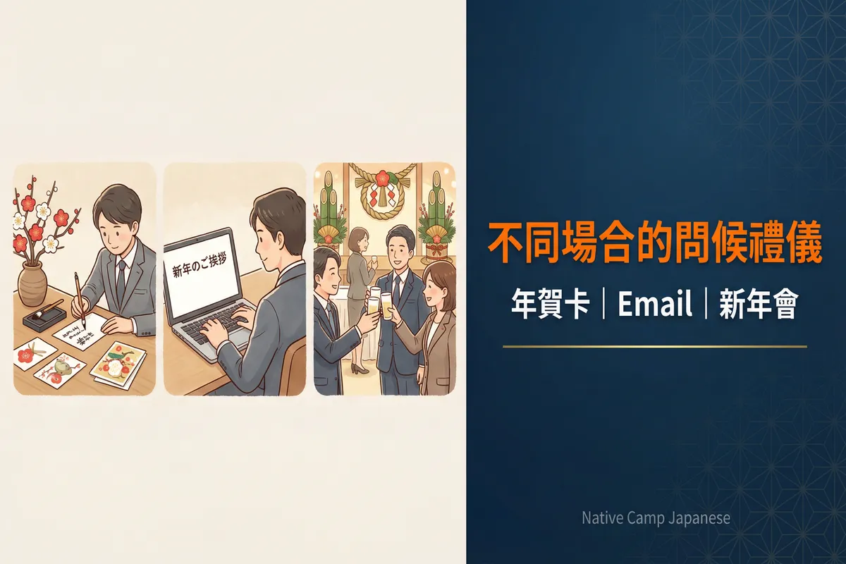 日本職場不同場合的問候禮儀插圖：三個場景分別展示撰寫年賀卡、發送新年Email、參加新年會乾杯的商務人士 