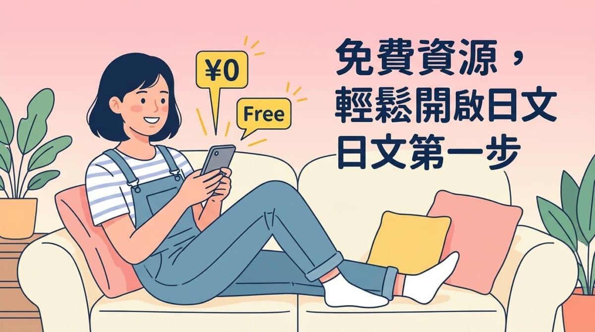 在沙發上使用手機學習日文的女性插圖，畫面顯示「¥0」「Free」圖示，文字寫著「免費資源，輕鬆開啟日文第一步」，象徵透過免費資源開始學習日語