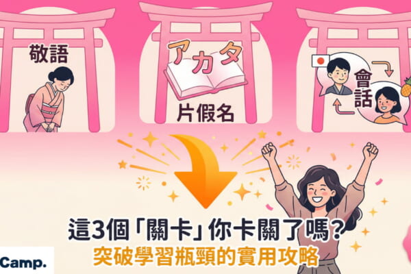 插圖式海報，描繪日語學習的三大關卡。上方以鳥居圖案呈現三個主題，分別為「敬語」、「片假名／阿卡塔卡那」以及「會話」。下方是一位女性高舉雙手、表情開心，象徵突破學習瓶頸。圖片文字寫著：「這3個『關卡』你卡關了嗎？突破學習瓶頸的實用攻略」，並標示 NativeCamp 日語學習方法。