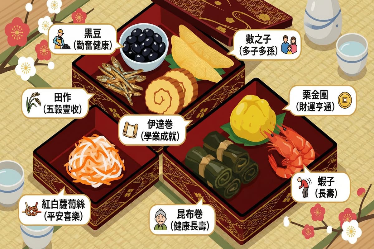 日本御節料理的種類與象徵意義:黑豆、數之子、田作、伊達卷、栗金團、紅白蘿蔔絲、昆布卷、蝦子