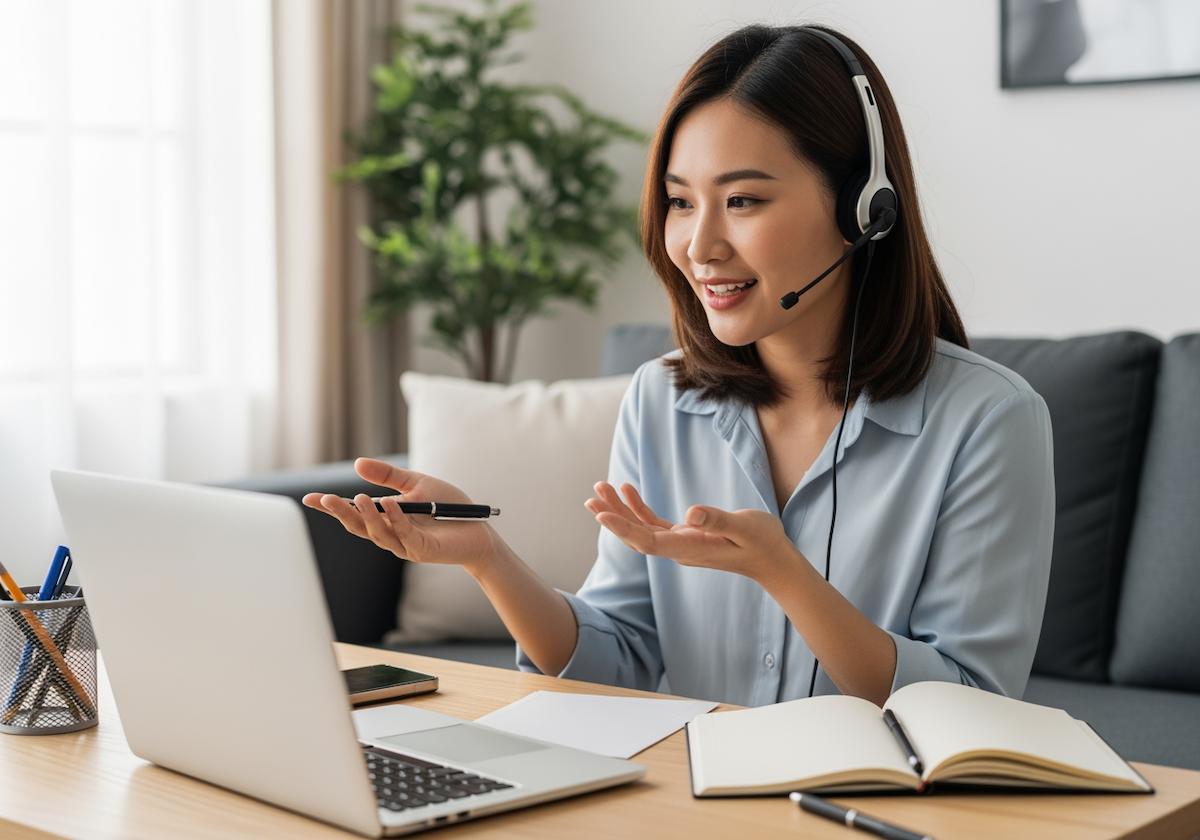 一名女性配戴耳麥坐在桌前，面對筆記型電腦進行線上教學或會話練習，桌上放有筆記本、筆與文件，背景為明亮舒適的居家空間，呈現線上語言學習或教學的情境。
