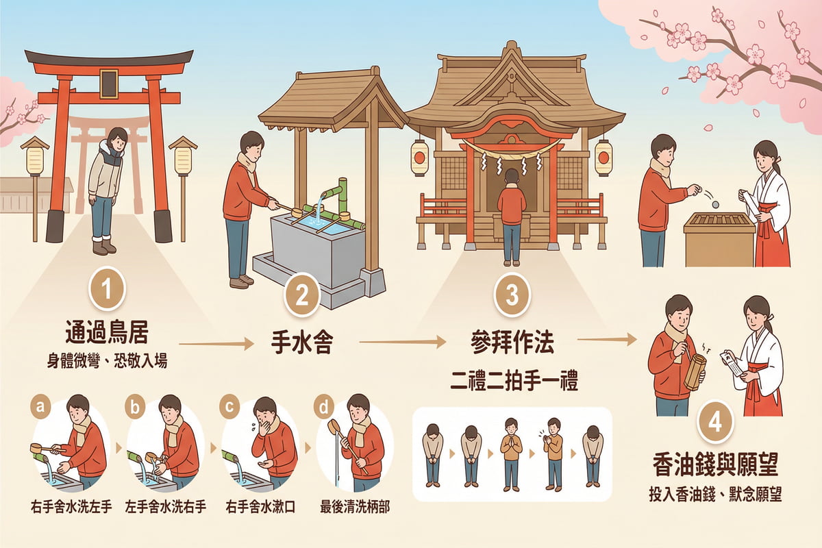 日本初詣參拜禮儀步驟圖解:通過鳥居、手水舍淨化、二禮二拍手一禮、香油錢與願望