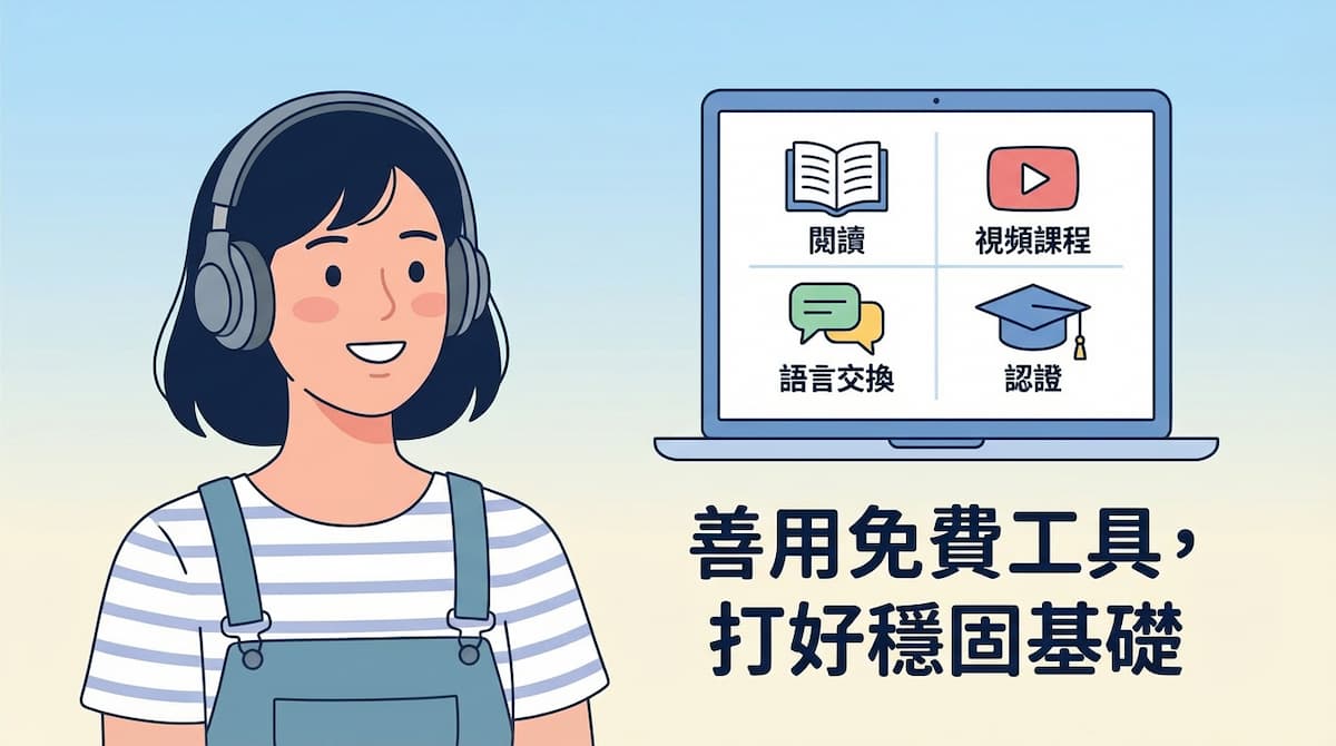 配戴耳機學習日文的女性插圖，旁邊筆電畫面顯示閱讀、視訊課程、語言交換與認證等圖示，文字寫著「善用免費工具，打好穩固基礎」，象徵透過免費資源扎實學習日語