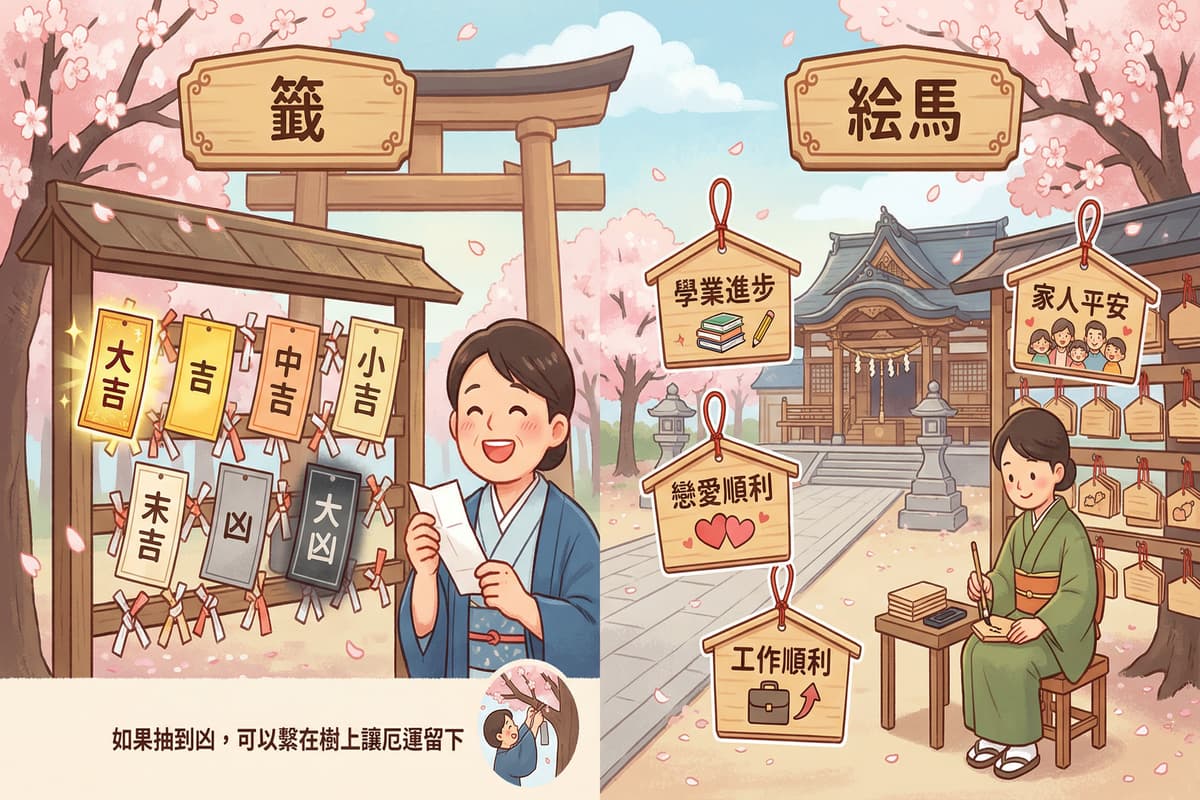 日本神社的籤與繪馬文化介紹:大吉、吉、中吉、小吉、末吉、凶、大凶的運勢與祈願方式