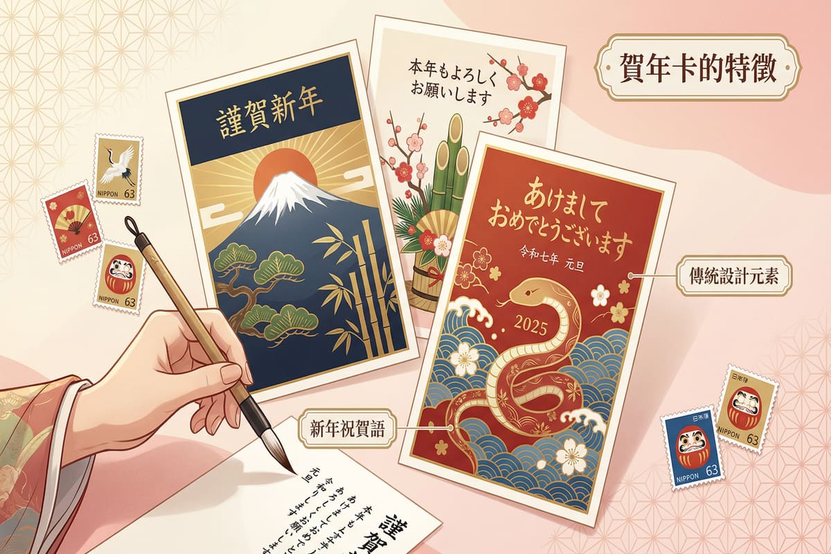 日本傳統賀年卡設計與新年祝賀語:生肖圖案、富士山日出、門松梅花等傳統元素