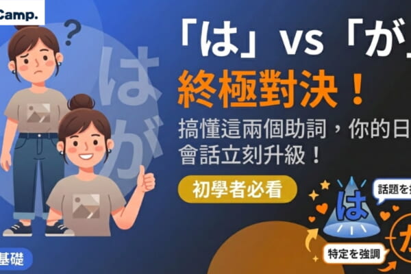 日文助詞「は」與「が」的差異說明示意圖。畫面標題為「『は』vs『が』終極對決」，搭配人物插圖，對比使用錯誤時的困惑表情與理解後的自信表情。圖片中以圖示方式說明：「は」用於提示話題，「が」用於強調特定對象，並標示「初學者必看」「日語基礎」。左上角為 NativeCamp 標誌。
