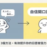 一張描繪日語會話能力進步的插圖：一個從說話結巴、苦惱的男子，變成能自信開口說日文的樣子，象徵透過有效方法提升口說能力的過程。