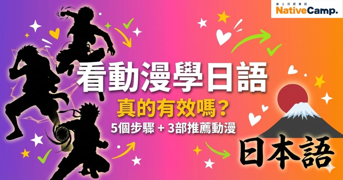 圖片顯示了幾個動漫角色的剪影，並且背景為漸變色（從紫色到橙色）。文字“看動漫學日語，真的有效嗎？”位於圖片的中央，下面有“5個步驟 + 3部推薦動漫”字樣。右上角有Native Camp的標誌，背景也有些可愛的星星和箭頭圖案，底部有“日本語”字樣，旁邊有富士山的圖案。