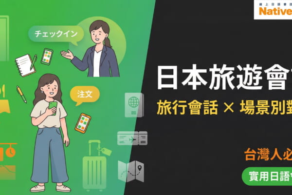 日本旅遊日語會話學習示意圖。畫面左側為旅遊情境插圖，包含入住飯店「Check-in」、餐廳點餐、使用手機查詢資訊等場景，周圍搭配車站、行李、地圖、餐飲等圖示。右側文字為「日本旅遊會話」「旅行會話 × 場景別對答」「台灣人必讀！實用日語會話」，右上角顯示 NativeCamp 標誌。