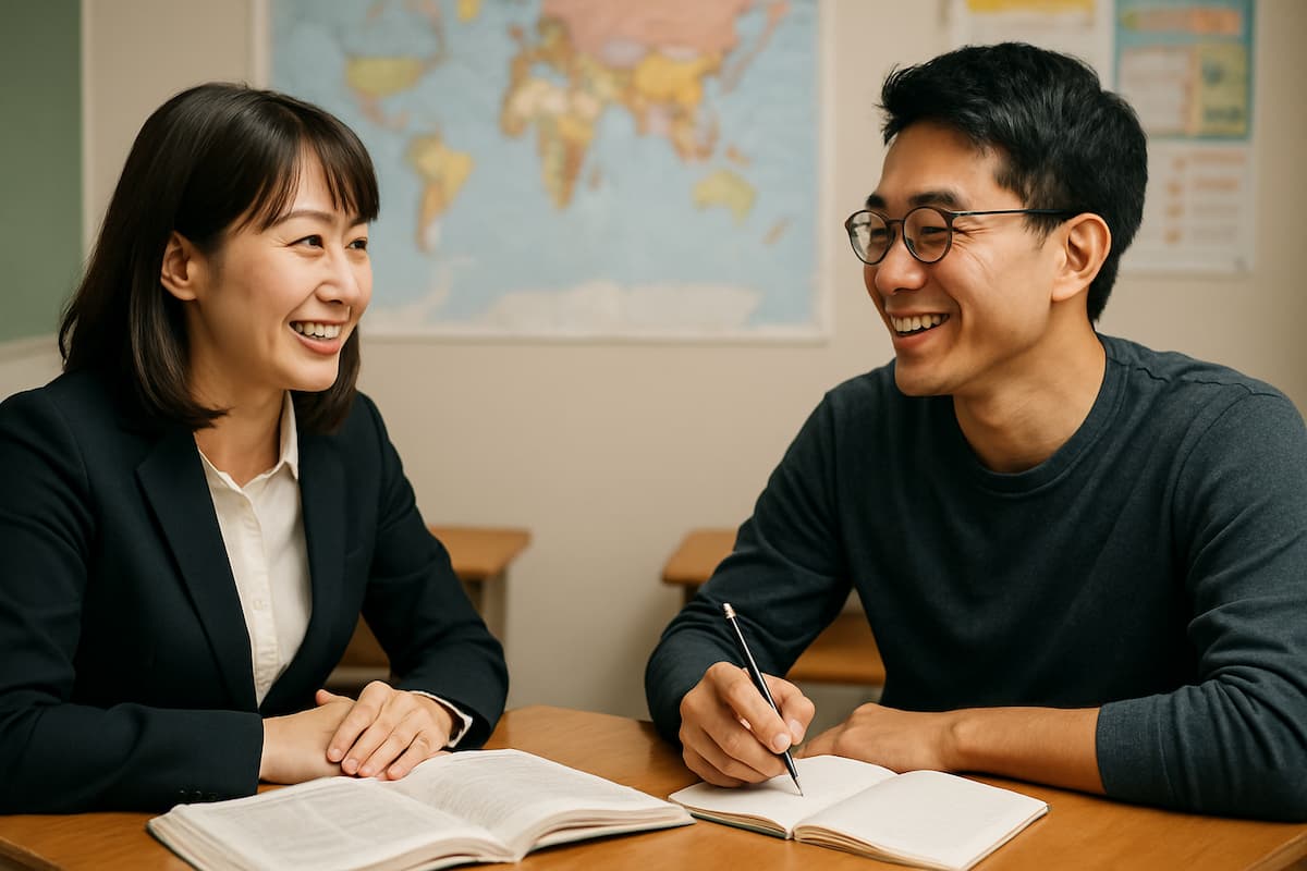 一位女性教師與一位男性學生坐在課桌前，兩人面帶笑容互動學習。桌上打開著課本，學生手中拿著筆正在做筆記。背景有世界地圖，呈現出輕鬆愉快的日語學習氛圍。