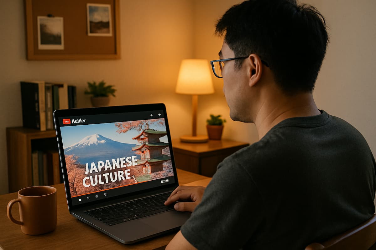 一名男子正在家中桌子前坐著，正在觀看電腦上的視頻課程，螢幕顯示「JAPANESE CULTURE」的字樣。畫面背景為富士山和櫻花樹。男子穿著灰色T恤，戴著眼鏡，桌上有一杯咖啡，燈光溫暖，顯示出一個輕鬆的學習環境。