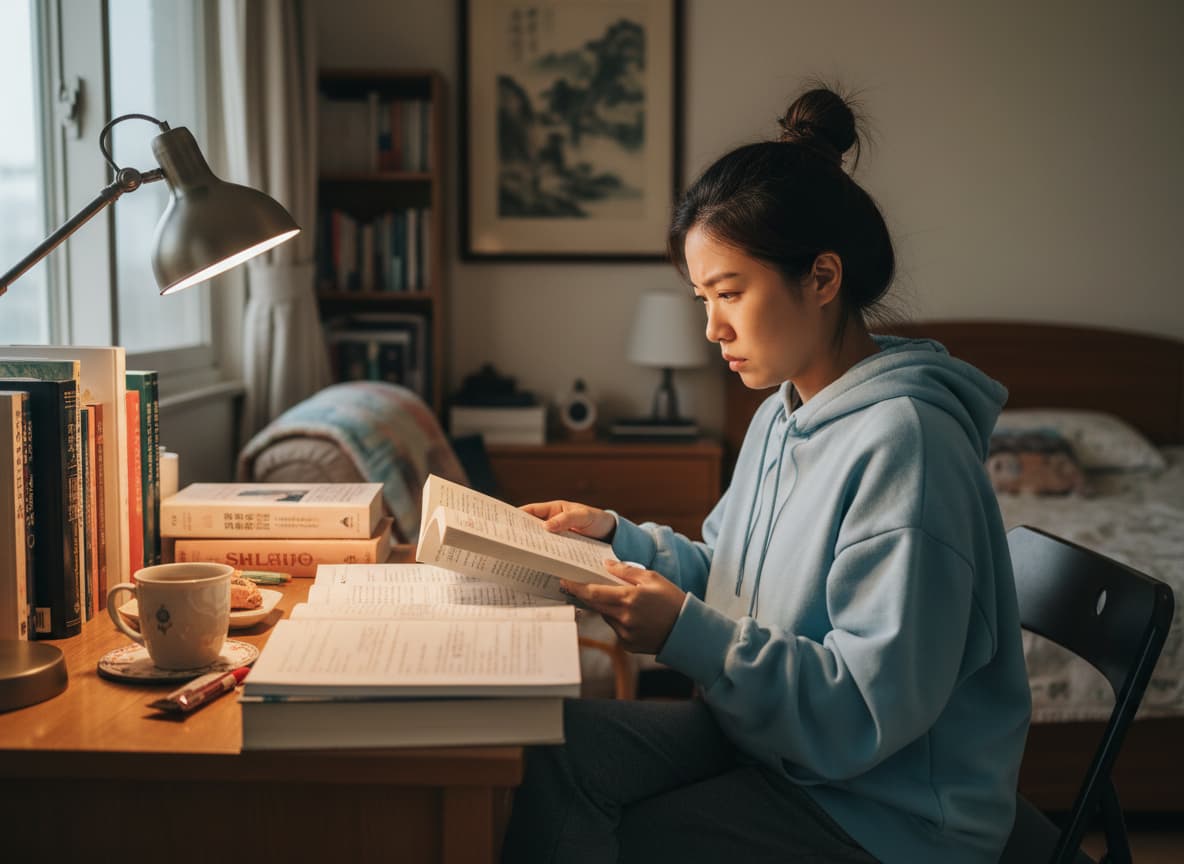 一位穿著藍色連帽衫的年輕女性正在自家書桌前專心閱讀書本。桌上擺滿了參考書、課本和筆記本，旁邊有一杯咖啡和一塊餅乾。女性的表情認真，正在專心學習。背景中可以看到一個溫馨的臥室和書架，室內光線柔和，營造出安靜的學習氛圍。