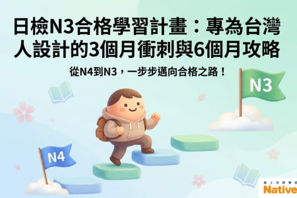 日檢N3合格學習計畫的封面圖，一個可愛的角色從N4走向N3的階梯，象徵著日語學習的進步。