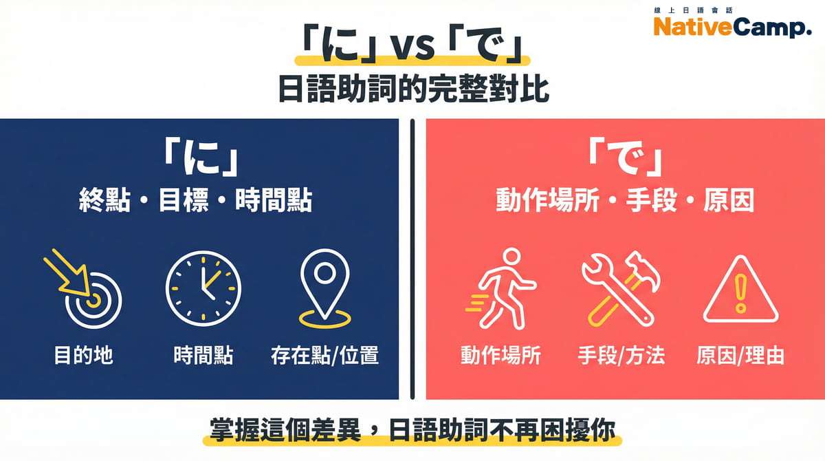 日語助詞に和で的完整對比圖，說明に表示終點目標時間點，で表示動作場所手段原因