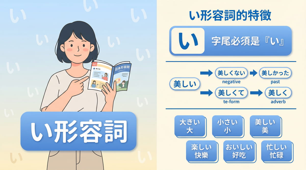 い形容詞的特徵說明圖,包含基本結尾、活用變化和常用單字範例