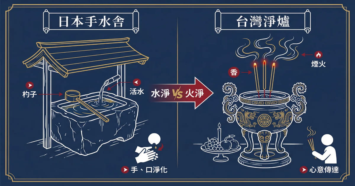 日本手水舍與台灣淨爐比較圖 初詣參拜前淨化儀式差異 水淨與火淨文化對比