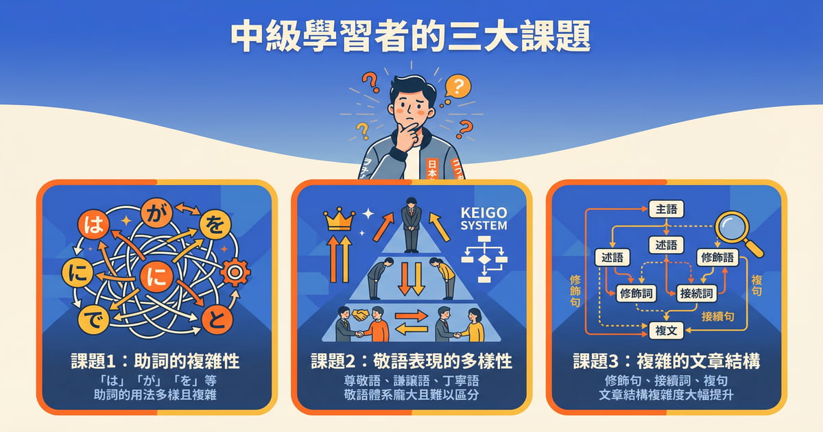 中級日語學習者面臨的三大課題：助詞複雜性、敬語多樣性、複雜文章結構