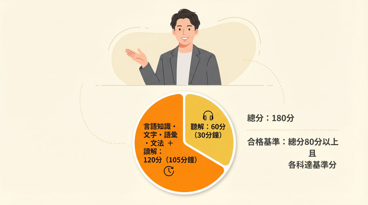 日檢N5考試架構說明，言語知識讀解120分聽解60分，總分180分合格基準80分以上
