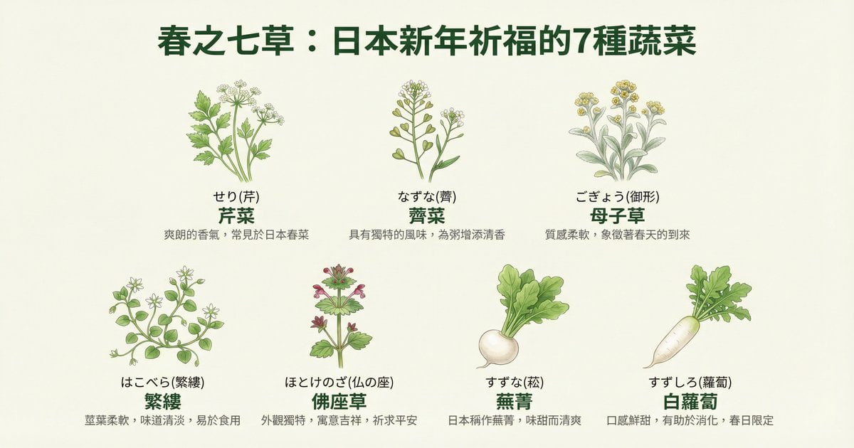 春之七草圖解:日本新年七草粥使用的7種蔬菜,包含芹菜、薺菜、蕪菁、白蘿蔔等,附日文名稱與台灣常見名稱對照