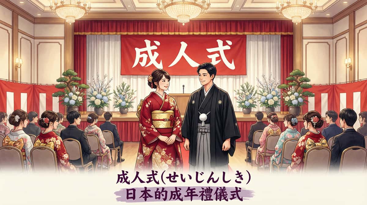 日本成人式會場實景：穿著深紅色振袖的女性與黑色紋付袴的男性在豪華禮堂中，背景有成人式橫幅與座位排列，展現日本成年禮儀式的莊重氛圍
