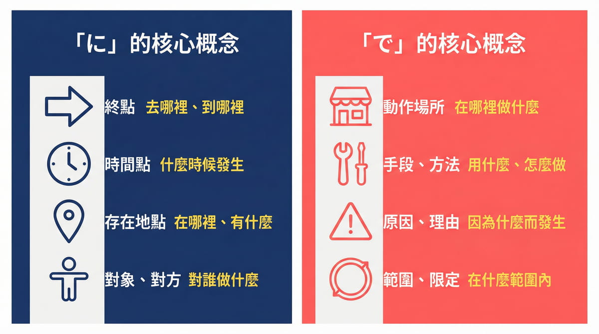 日語助詞に的核心概念包括終點時間點存在地點對象,で的核心概念包括動作場所手段方法原因理由範圍限定