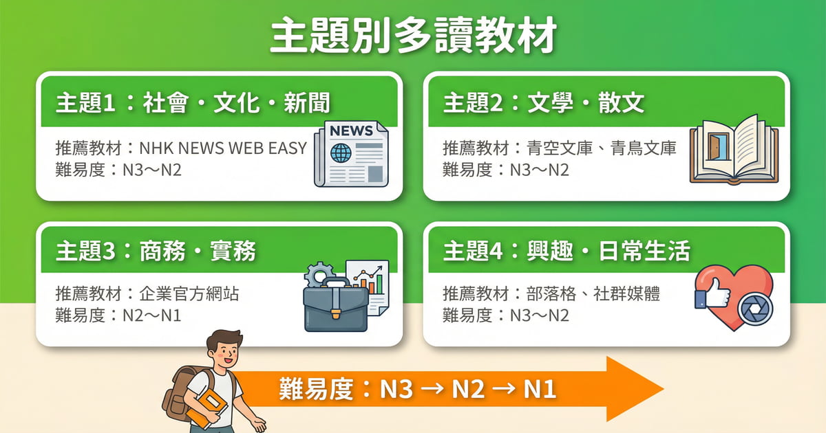 主題別日語多讀教材推薦：社會文化新聞、文學散文、商務實務、興趣日常生活