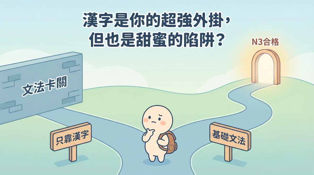 一張給台灣日語學習者的插圖，描繪學習者在只靠漢字和學習基礎文法之間做選擇，強調N3合格需要穩固的文法基礎。