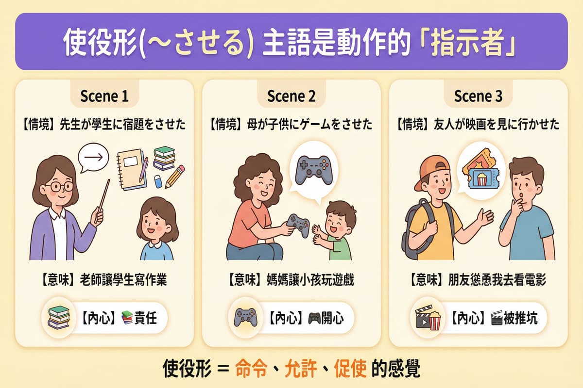 日語使役形文法圖解：透過生活化例子學習「使役形」，包含命令、允許、促使等情境的日語教學。