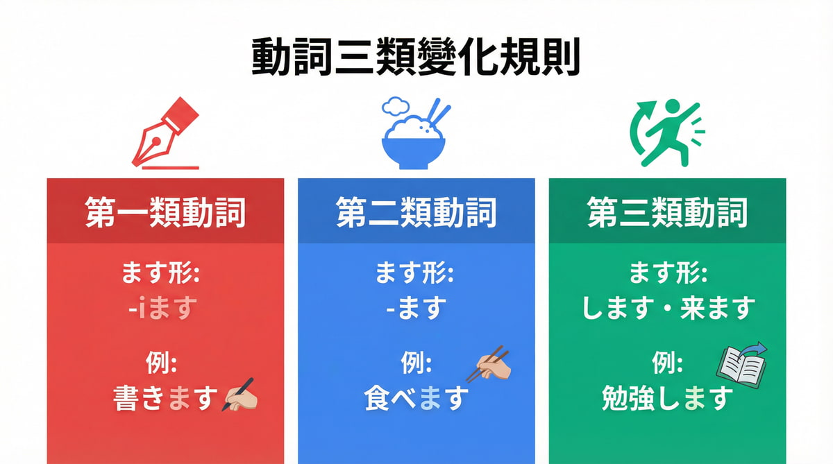 日語教學圖表:詳細解說日語動詞三類變化規則,包含第一類、第二類、第三類動詞的「ます形」接續方法與實例,是日語學習者必備的文法指南。