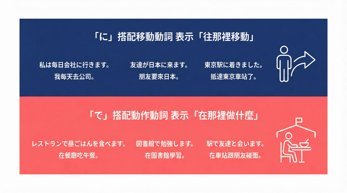 日語助詞に搭配移動動詞表示往那裡移動,で搭配動作動詞表示在那裡做什麼,包含例句對比說明