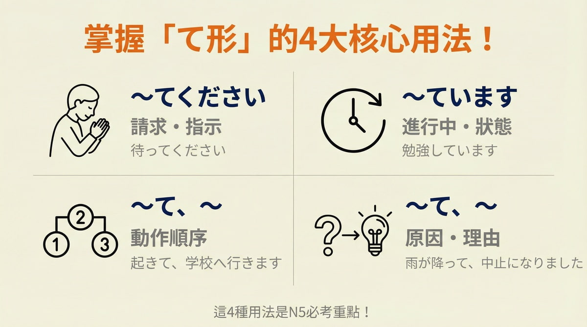 日文て形4大核心用法圖解,包含請求指示、進行狀態、動作順序、原因理由的N5必考文法