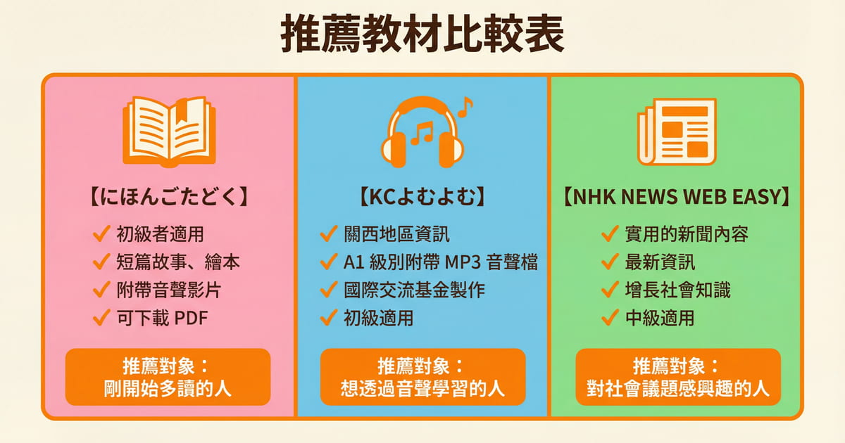 日文多讀教材比較表，比較にほんごたどく、KCよむよむ、NHK NEWS WEB EASY三個免費學習網站的特色和推薦對象
