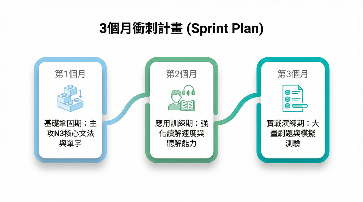 日檢N3合格的三個月衝刺學習計畫圖，內容分為基礎鞏固、應用訓練、實戰演練三個階段。