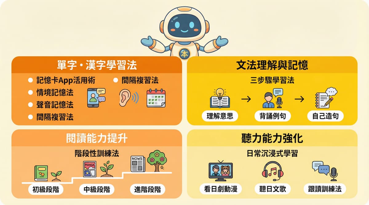 日檢N5高效學習方法，單字漢字學習法、文法理解記憶、閱讀能力提升、聽力能力強化
