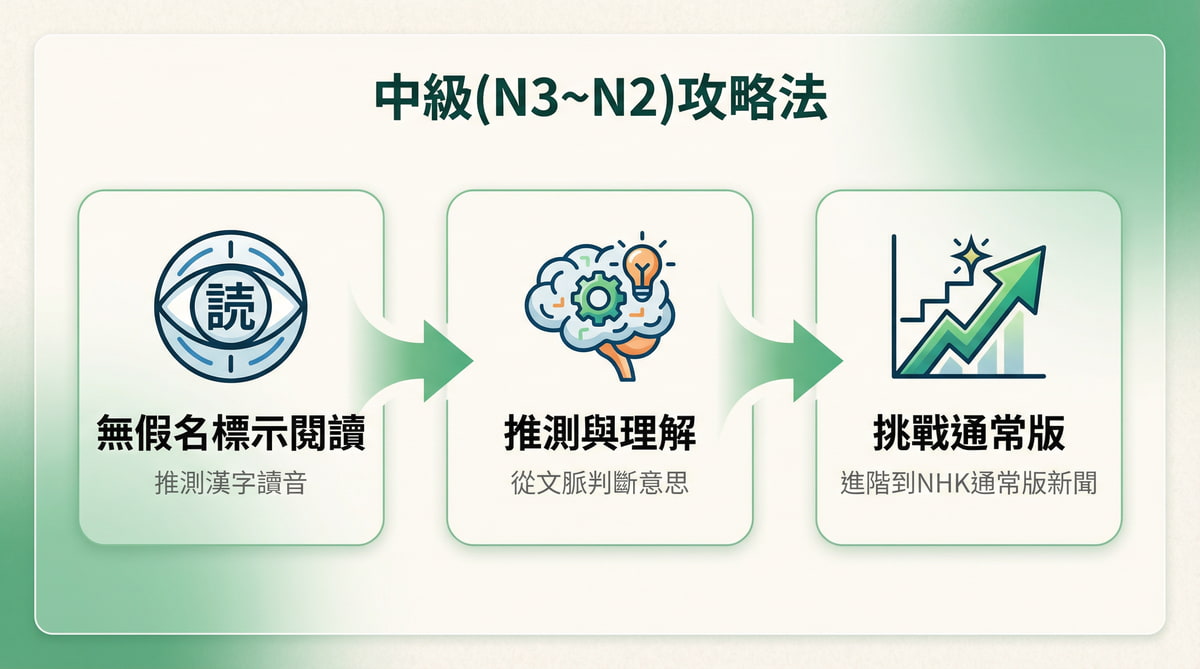 中級日語學習者（N3到N2）使用NHK NEWS WEB EASY的進階學習法：無假名標示閱讀、推測與理解、挑戰通常版新聞