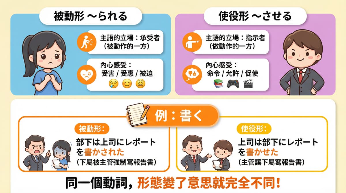 日語使役形與被動形比較圖：秒懂主語立場、內心感受的差別，附上「レポートを書く」的實用日語會話例句。