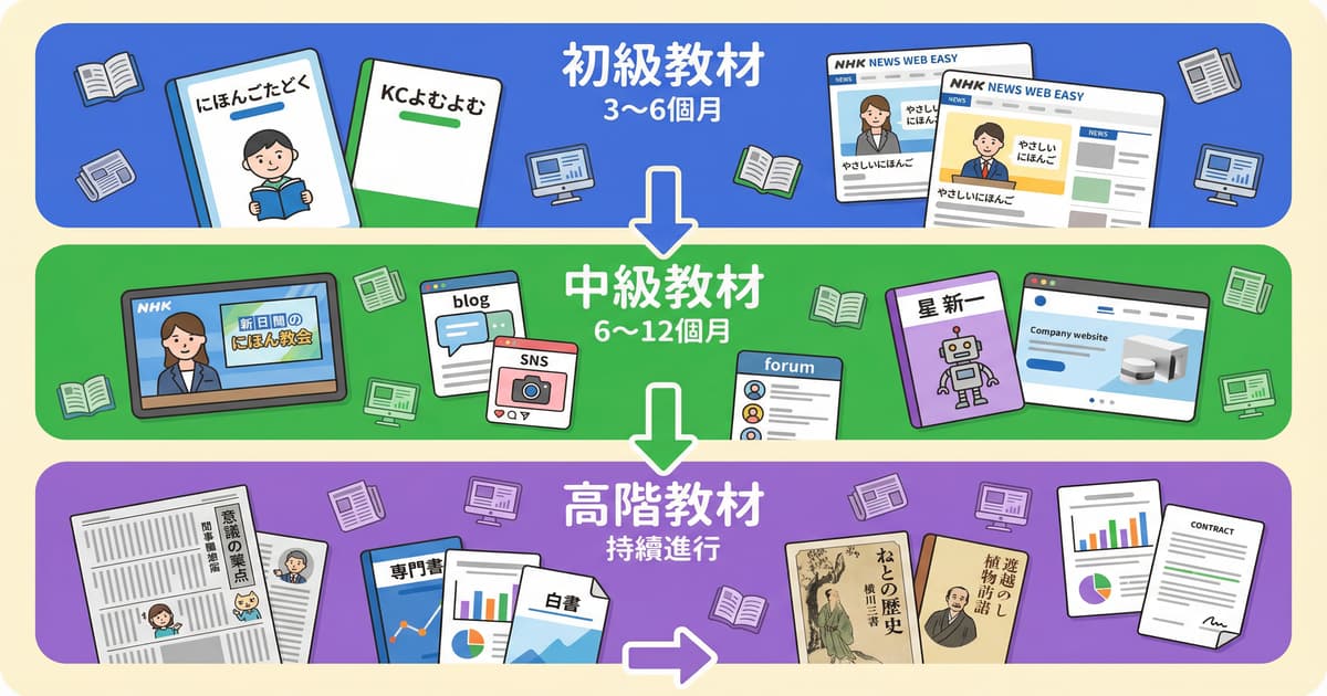 這是一張為不同日文程度（初級、中級、高階）推薦的學習教材拼貼圖，包含NHK新聞、星新一短篇小說、專業書籍等，是完整的多讀學習路線圖。