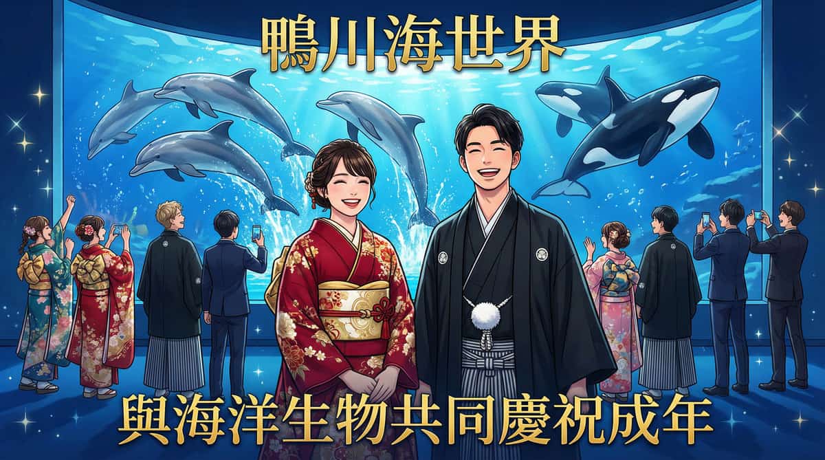 日本千葉縣鴨川海世界特殊成人式：穿著深紅色振袖的女性與黑色紋付袴的男性在水族館大型水槽前慶祝成年，背景有海豚跳躍與虎鯨游泳，展現日本獨特的成年禮舉辦方式