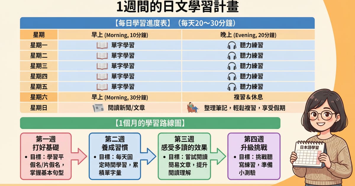 一週間和一個月的日文學習計畫表，包含每日學習進度和月度學習路線圖，幫助初學者建立學習習慣