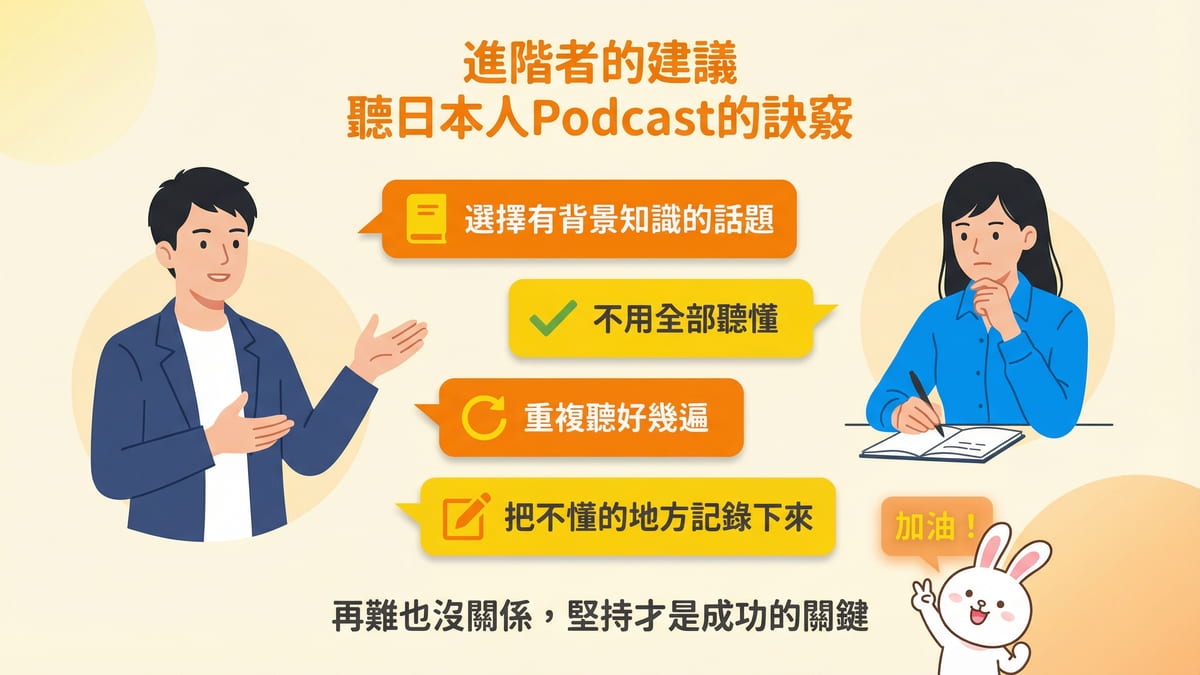 進階者聽日本人Podcast的訣竅 選擇有背景知識的話題 不用全部聽懂 重複聽 記錄不懂的地方 