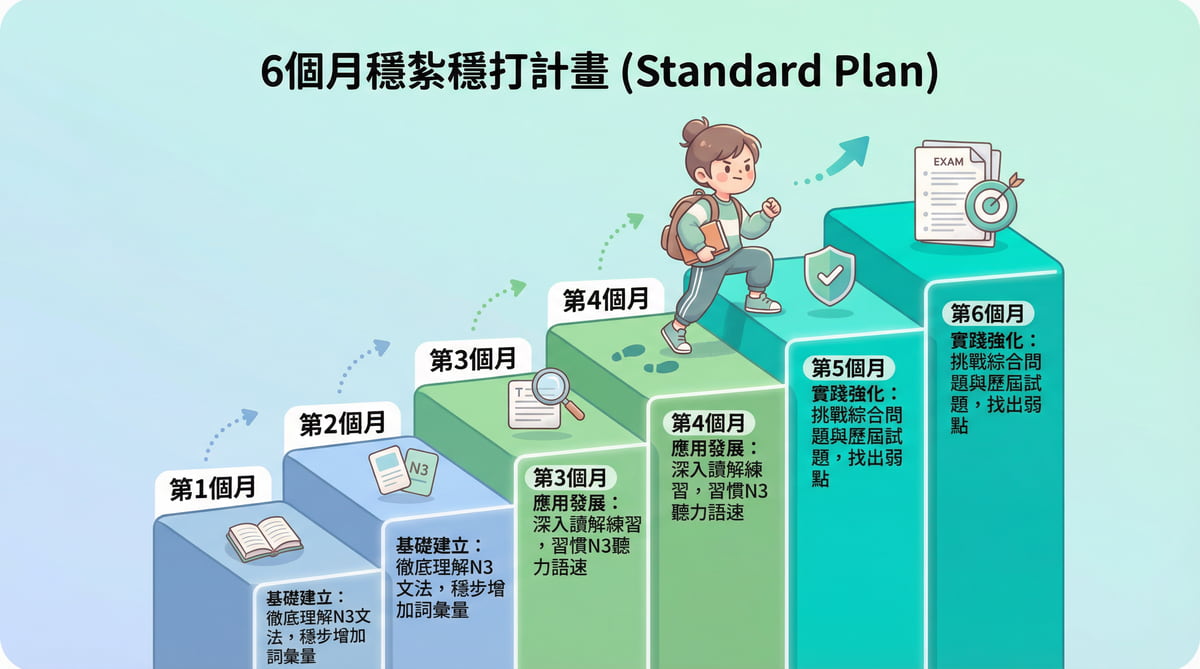 日檢N3合格的六個月穩紮穩打學習計畫圖，以階梯圖呈現從基礎建立到實踐強化的學習步驟。